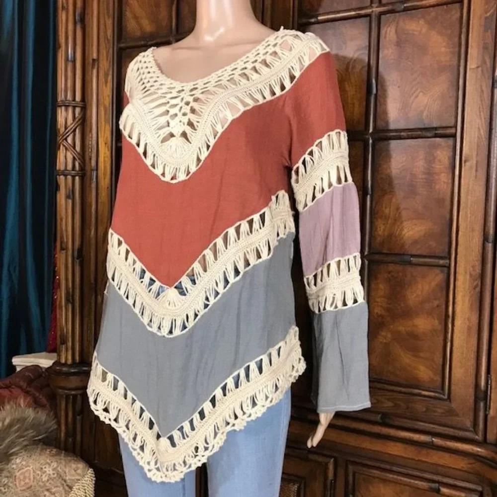 Chevron Crochet and Refined Gauze Cotton Blend Boho Top
